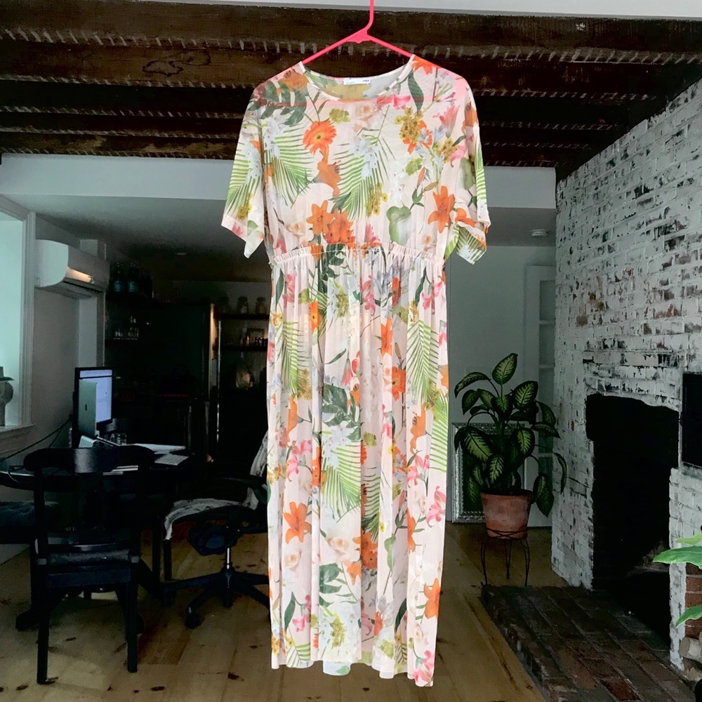 Zara Pink Sheer Floral Midi Dress